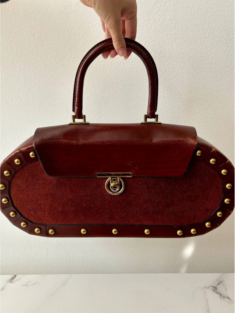 Vintage 1960s/70s Brown Tooled Leather Studded Top Handle Bag
